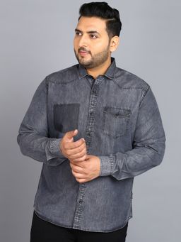 Urbano Plus - Men's Black Denim Full Sleeve Regular Fit Washed Casual Shirt