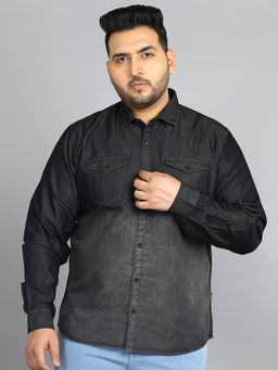 Urbano Plus - Men's Black Denim Full Sleeve Regular Fit Washed Casual Shirt