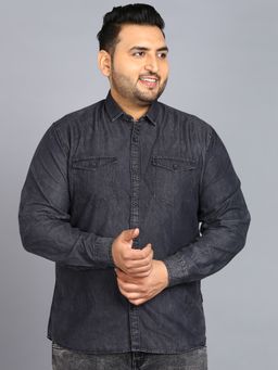 Urbano Plus - Men's Dark Grey Denim Full Sleeve Regular Fit Washed Casual Shirt