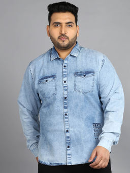 Urbano Plus - Men's Ice Blue Denim Full Sleeve Regular Fit Washed Casual Shirt