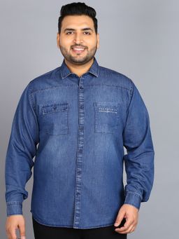 Urbano Plus - Men's Blue Denim Full Sleeve Regular Fit Washed Casual Shirt