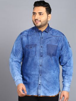 Urbano Plus - Men's Blue Denim Full Sleeve Regular Fit Washed Casual Shirt