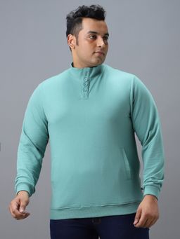 Urbano Plus - Men's Green Cotton Solid Button High Neck Sweatshirt