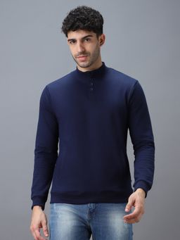 Urbano Fashion - Men's Blue Cotton Solid Button High Neck Sweatshirt