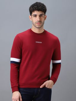 Urbano Fashion - Men's Maroon Cotton Colorblock Round Neck Sweatshirt