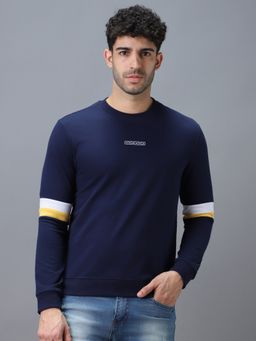 Urbano Fashion - Men's Blue Cotton Color Block Round Neck Sweatshirt