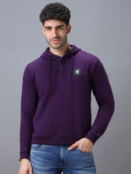 Urbano Fashion - Men's Purple Cotton Solid Button Hooded Neck Sweatshirt
