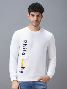 Urbano Fashion - Men's White Cotton Graphic Print Round Neck Sweatshirt