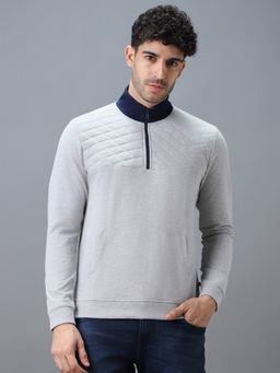 Urbano Fashion - Men's Grey Cotton Solid Zippered High Neck Sweatshirt
