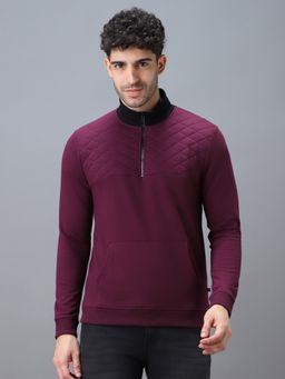 Urbano Fashion - Men's Purple Cotton Solid Zippered High Neck Sweatshirt