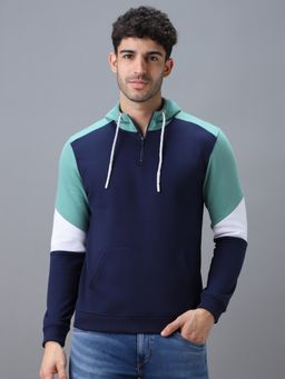 Urbano Fashion - Men's Blue, Green Cotton Color Block Hooded Neck Sweatshirt