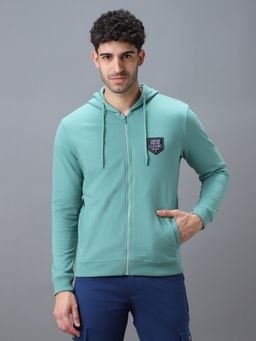 Urbano Fashion - Men's Green Cotton Solid Zippered Hooded Neck Sweatshirt