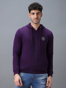 Urbano Fashion - Men's Purple Cotton Solid Zippered Hooded Neck Sweatshirt