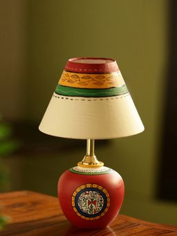 ExclusiveLane - 13 Inch Terracotta Handpainted Warli Matki Table Lamp In Red