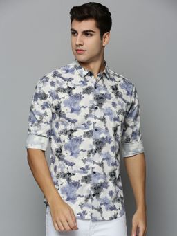 SHOWOFF - Mens Spread Collar Off White Printed Shirt