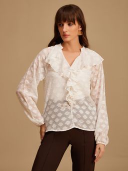 Kazo - White Front Ruffle Detail Blouse