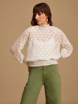 Kazo - White Smocked Jacquard Top