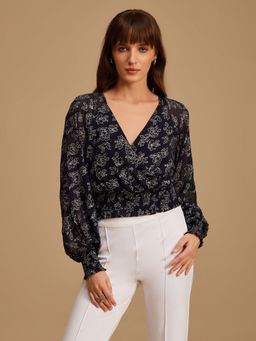 Kazo - Blue Foil Printed Top with Smocking Detail