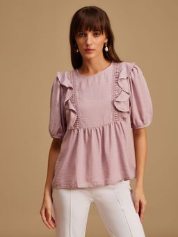 Kazo - Pink Puff Sleeves Top with Ruffle and Lace Detail Shirt
