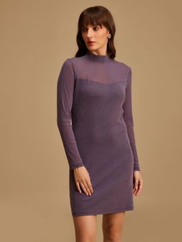 Kazo - Purple Mini Dress with Band Neck