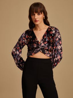 Kazo - Black Printed Velvet Top With Knot