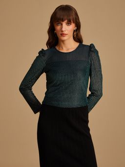 Kazo - Green Striped Velvet Puff Sleeves Top