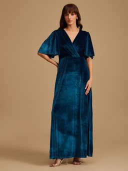 Kazo - Teal Flared Wrap Maxi Dress