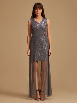 Kazo - x Janhvi Kapoor Grey Sequin Maxi Dress With Overlay