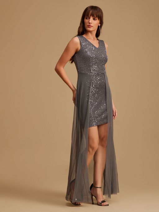 knee length dresses for ladies Silver Sequin Maxi Dress - Celia main image 1