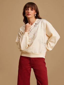 Kazo - Foil Printed And Embellished Dragonfly Off White Sweatshirt