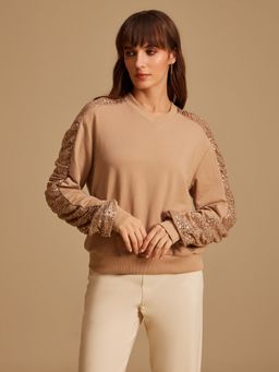 Kazo - Classic Beige V-Neck Sequined Sweatshirt