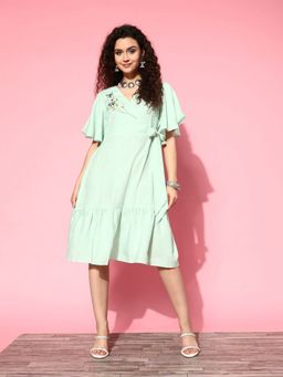 Yufta - Women Sea Green Solid Fit and Flare Dress
