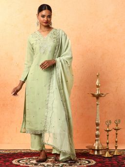Jaipur Kurti - Green Floral Embroidered Kurta with Pant and Dupatta (Set of 3)