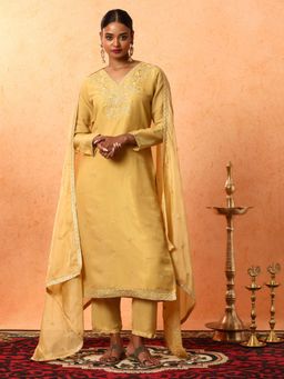 Jaipur Kurti - Yellow Floral Embroidered Kurta with Pant and Dupatta (Set of 3)
