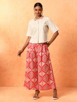 Jaipur Kurti - Red and Off White Solid Printed Pure Cotton Shirt with Palazzo (Set of 2)
