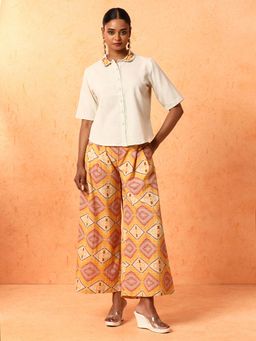 Jaipur Kurti - Yellow and Off White Solid Printed Pure Cotton Shirt with Palazzo (Set of 2)