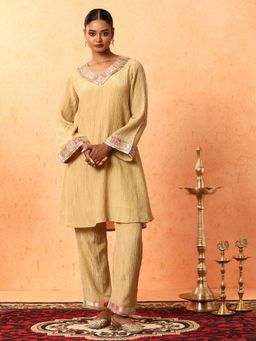 Jaipur Kurti - Beige Textured Embroidered A-Line Silk Blend Kurta and Pant (Set of 2)