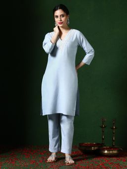 Jaipur Kurti - Blue Solid Embroidered Cotton Blend Kurta with Pant (Set of 2)