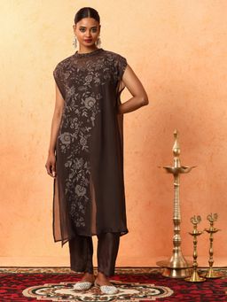 Jaipur Kurti - Black Floral Embroidered Organza Kurta with Inner and Pant (Set of 3)