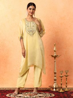 Jaipur Kurti - Yellow Floral Embroidered Organza Kaftan with Inner and Pant (Set of 3)
