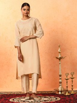 Jaipur Kurti - Beige Embroidered Organza Kurta with Inner and Pant (Set of 3)