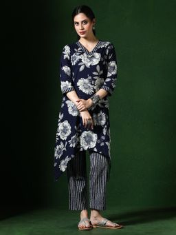 Jaipur Kurti - Navy Blue Floral Print A-Line Pure Cotton Kurta and Pant (Set of 2)