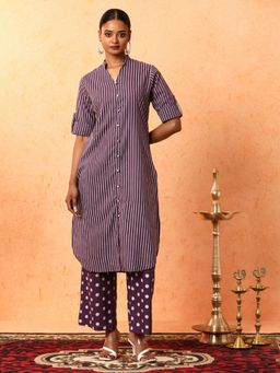 Jaipur Kurti - Purple Striped Printed Pure Cotton Kurta and Palazzo (Set of 2)