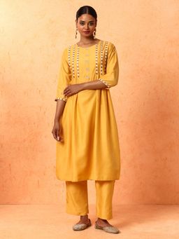 Jaipur Kurti - Yellow Embroidered A-Line Silk Blend Kurta and Pant (Set of 2)