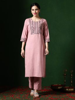 Jaipur Kurti - Pink Embroidered Straight Cotton Blend Kurta with Pant (Set of 2)