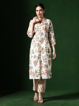 Jaipur Kurti - Off White and Orange Floral Print Pure Cotton Kurta with Pant (Set of 2)