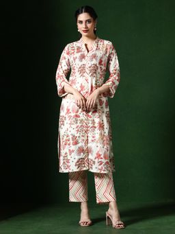 Jaipur Kurti - Off White and Red Floral Print Pure Cotton Kurta with Pant (Set of 2)