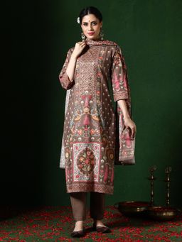 Jaipur Kurti - Brown Floral Print Pure Cotton Kurta with Pant and Dupatta (Set of 3)