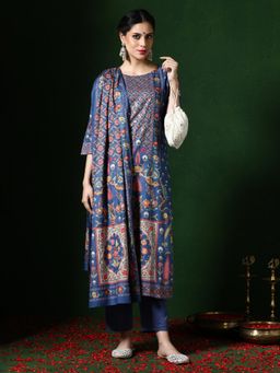 Jaipur Kurti - Navy Blue Floral Print Pure Cotton Kurta with Pant and Dupatta (Set of 3)