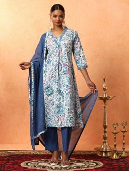 Jaipur Kurti - Blue Floral Printed A-Line Pure Cotton Kurta with Pant and Dupatta (Set of 3)